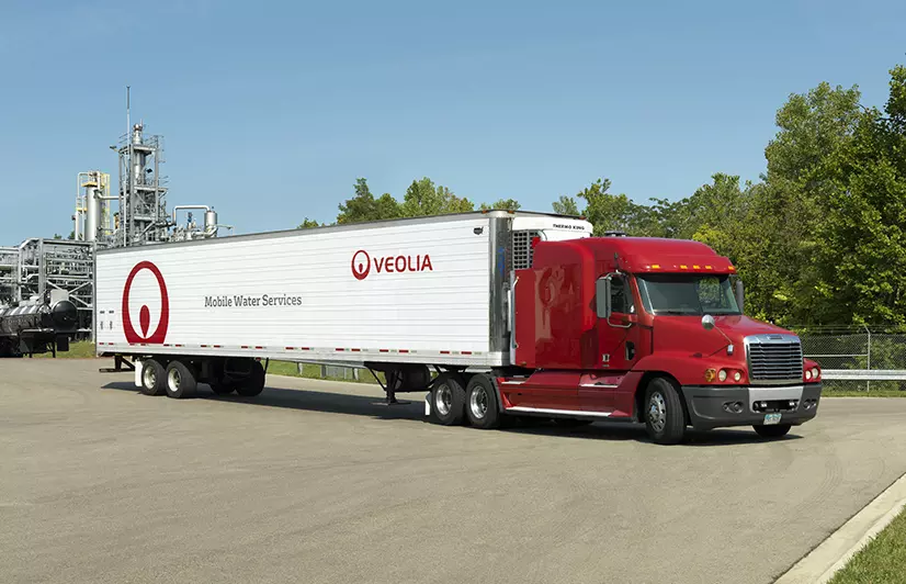 Red truck showing the Veolia Mobile Water Services logo
